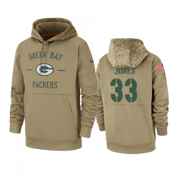 Green Bay Packers Aaron Jones Tan 2019 Salute to Service Sideline Therma Pullover Hoodie