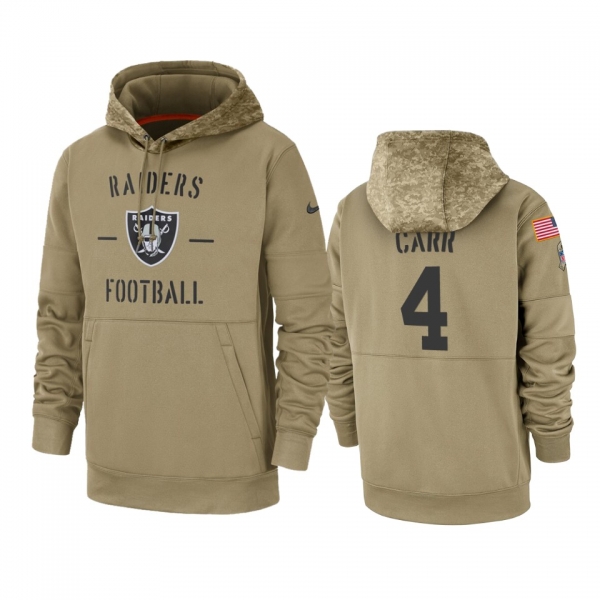 Oakland Raiders Derek Carr Tan 2019 Salute to Service Sideline Therma Pullover Hoodie