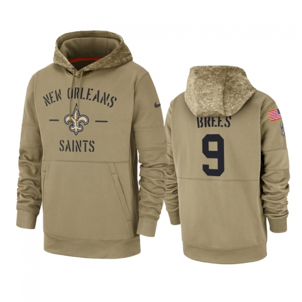 New Orleans Saints Drew Brees Tan 2019 Salute to Service Sideline Therma Pullover Hoodie