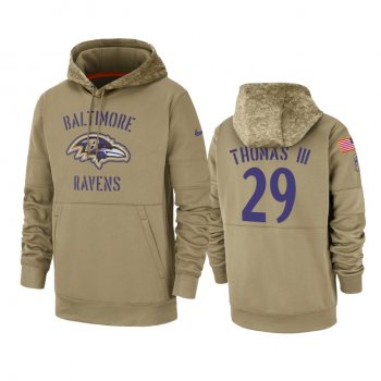 Baltimore Ravens Earl Thomas III Tan 2019 Salute to Service Sideline Therma Pullover Hoodie