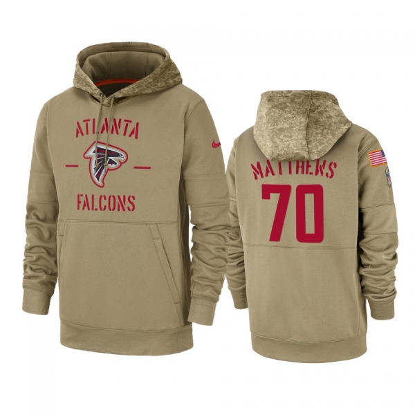 Atlanta Falcons Jake Matthews Tan 2019 Salute to Service Sideline Therma Pullover Hoodie