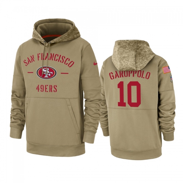 San Francisco 49ers Jimmy Garoppolo Tan 2019 Salute to Service Sideline Therma Pullover Hoodie