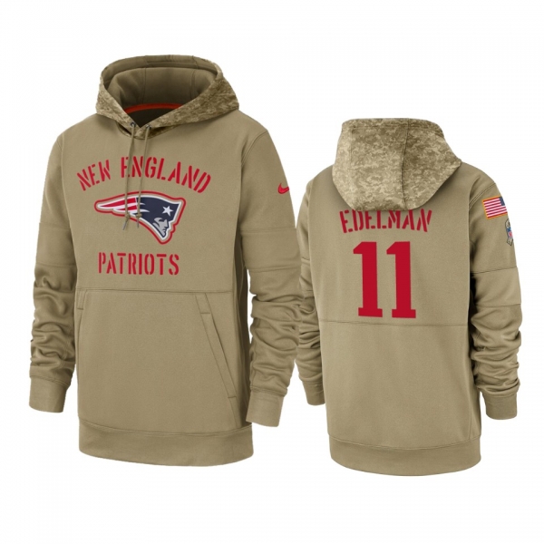 New England Patriots Julian Edelman Tan 2019 Salute to Service Sideline Therma Pullover Hoodie