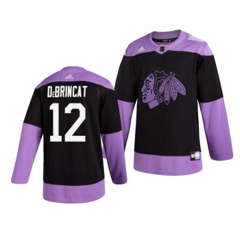 Chicago Blackhawks Alex DeBrincat #12 Black Hockey Fights Cancer Practice Jersey