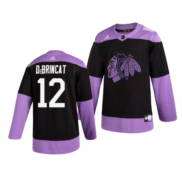 Chicago Blackhawks Alex DeBrincat #12 Black Hockey Fights Cancer Practice Jersey