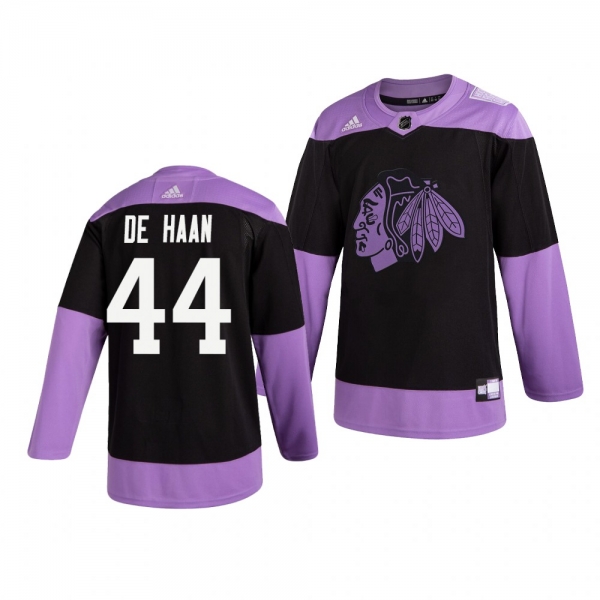 Chicago Blackhawks Calvin de Haan #44 Black Hockey Fights Cancer Practice Jersey