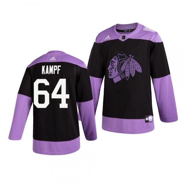 Chicago Blackhawks David Kampf #64 Black Hockey Fights Cancer Practice Jersey