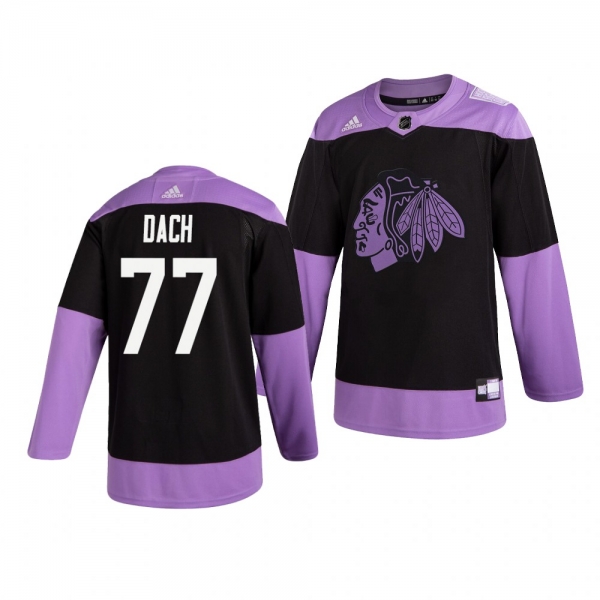 Chicago Blackhawks Kirby Dach #77 Black Hockey Fights Cancer Practice Jersey