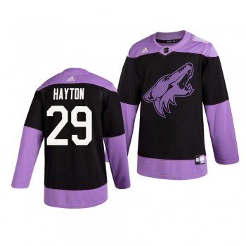 Arizona Coyotes Barrett Hayton #29 Black Hockey Fights Cancer Practice Jersey