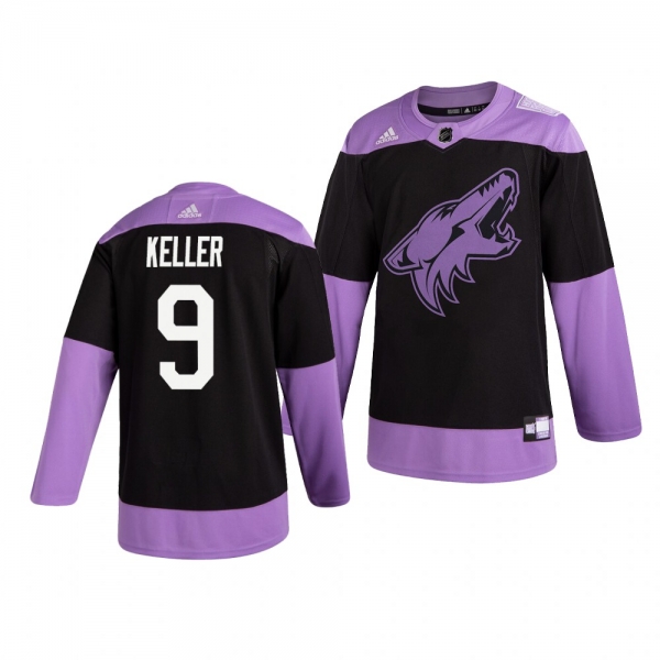 Arizona Coyotes Clayton Keller #9 Black Hockey Fights Cancer Practice Jersey