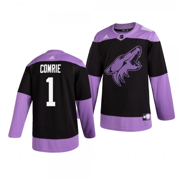 Arizona Coyotes Eric Comrie #1 Black Hockey Fights Cancer Practice Jersey