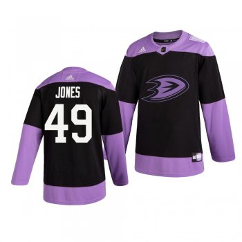 Anaheim Ducks Max Jones #49 Black Hockey Fights Cancer Practice Jersey