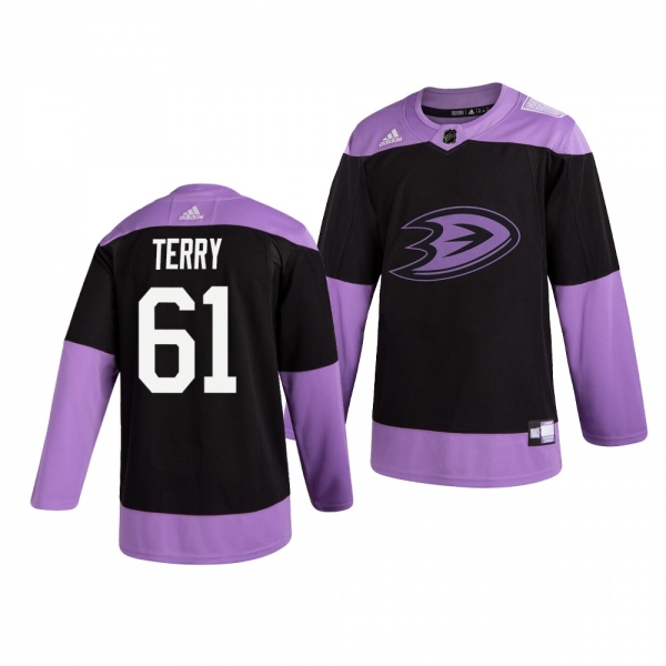 Anaheim Ducks Troy Terry #61 Black Hockey Fights Cancer Practice Jersey