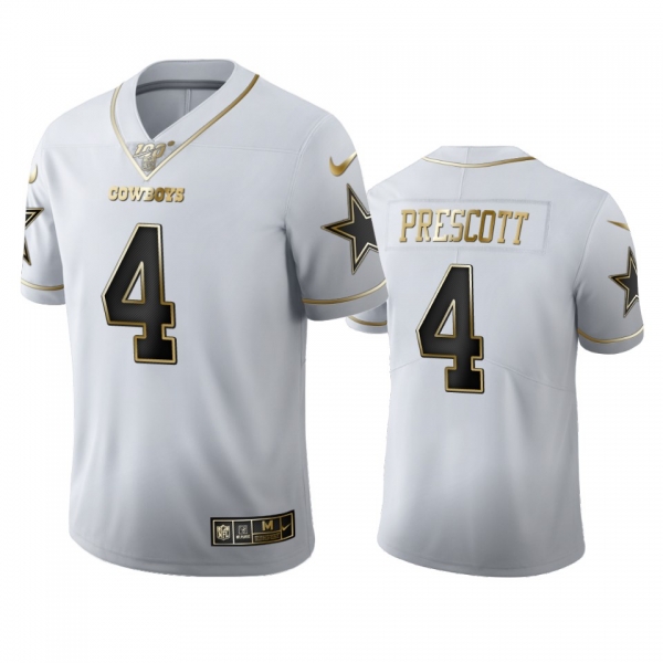 Dak Prescott Cowboys White 100th Season Golden Edition Jersey