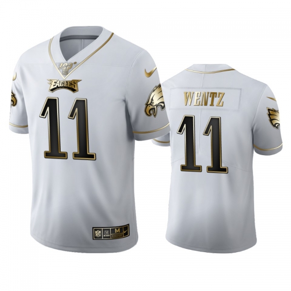 Carson Wentz Eagles White 100th Season Golden Edition Jersey