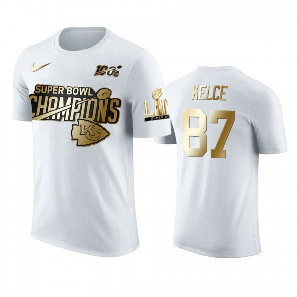 Kansas City Chiefs Travis Kelce White Super Bowl LIV Champions Golden Edition T-Shirt