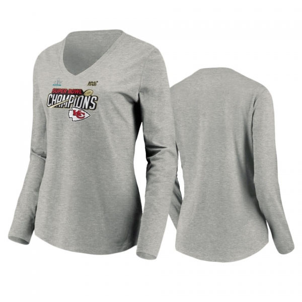 Women's Kansas City Chiefs Heather Gray Super Bowl LIV Champions Trophy Collection Locker Room Long Sleeve T-Shirt