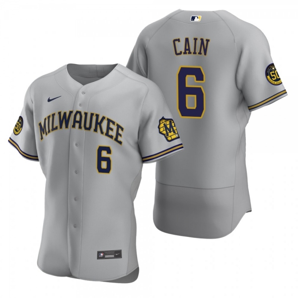 Men's Milwaukee Brewers Lorenzo Cain Nike Gray Authentic 2020 Road Jersey