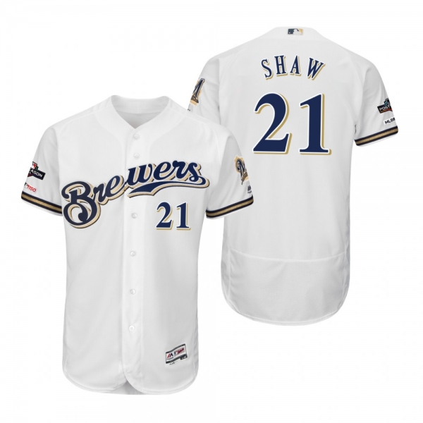 Travis Shaw Milwaukee Brewers White 2019 Postseason Flex Base Jersey