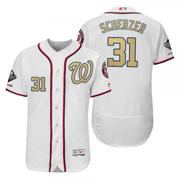 Max Scherzer Washington Nationals White 2019 Gold Program World Series Champions Flex Base Jersey