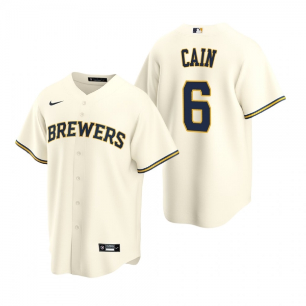 Men's Milwaukee Brewers Lorenzo Cain Nike Cream Replica Home Jersey