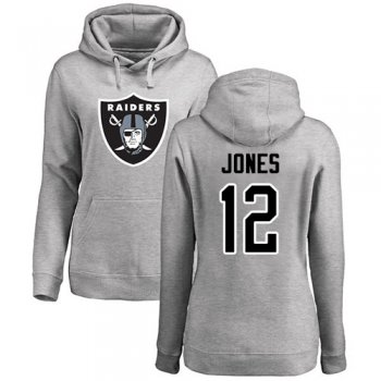 Women's #12 Oakland Raiders Zay Jones Name & Number Logo Ash : Football Pullover Hoodie