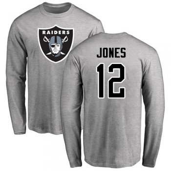 Men's #12 Oakland Raiders Zay Jones Name & Number Logo Ash : Football Long Sleeve T-Shirt