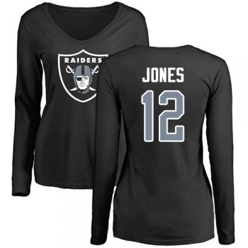 Women's #12 Oakland Raiders Zay Jones Name & Number Logo Olive : Football Long Sleeve T-Shirt