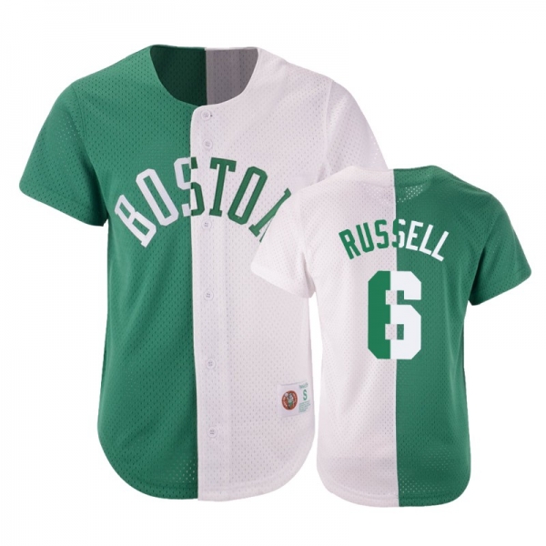 Celtics Male Bill Russell #6 Split Mesh Button Green White Jersey