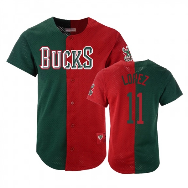 Bucks Male Brook Lopez #11 Split Mesh Button Green Red Jersey