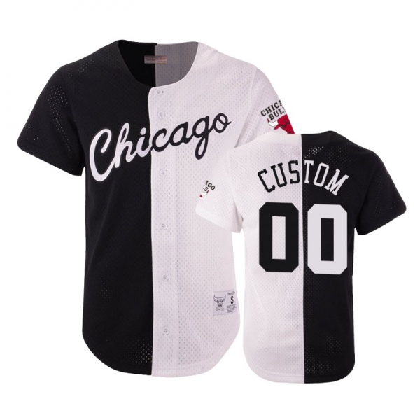 Bulls Male Custom #00 Split Mesh Button Black White Jersey