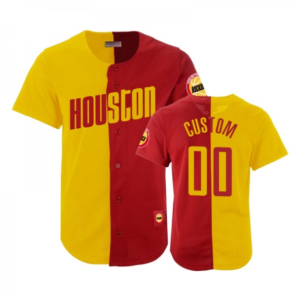 Rockets Male Custom #00 Split Mesh Button Gold Red Jersey