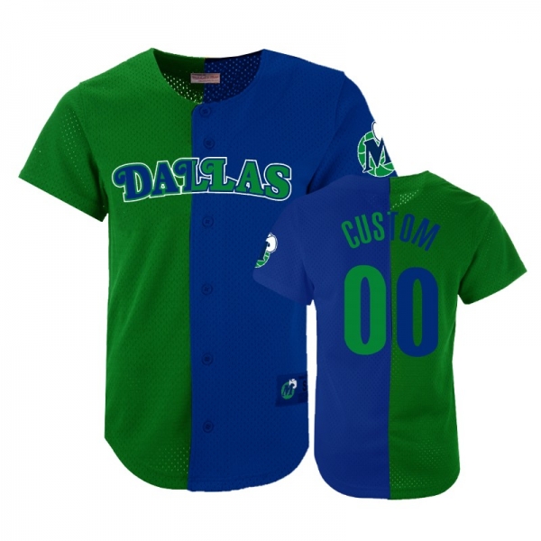 Mavericks Male Custom #00 Split Mesh Button Green Blue Jersey