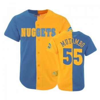 Nuggets Male Dikembe Mutombo #55 Split Mesh Button Blue Gold Jersey