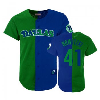 Mavericks Male Dirk Nowitzki #41 Split Mesh Button Green Blue Jersey