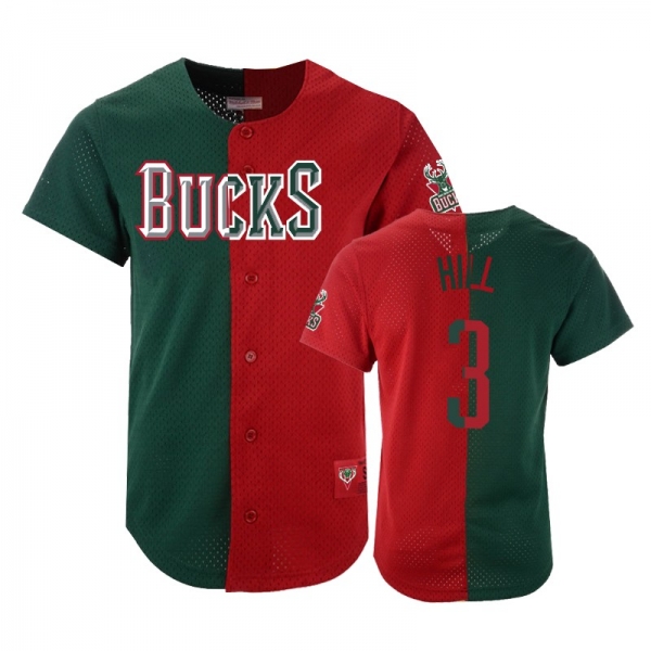 Bucks Male George Hill #3 Split Mesh Button Green Red Jersey