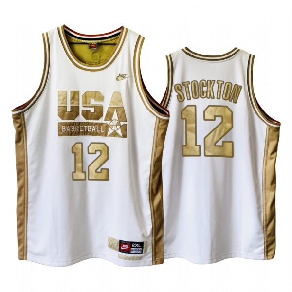 USA John Stockton Dream Team White 1992 Olympics Basketball Golden Limited Edition Jersey