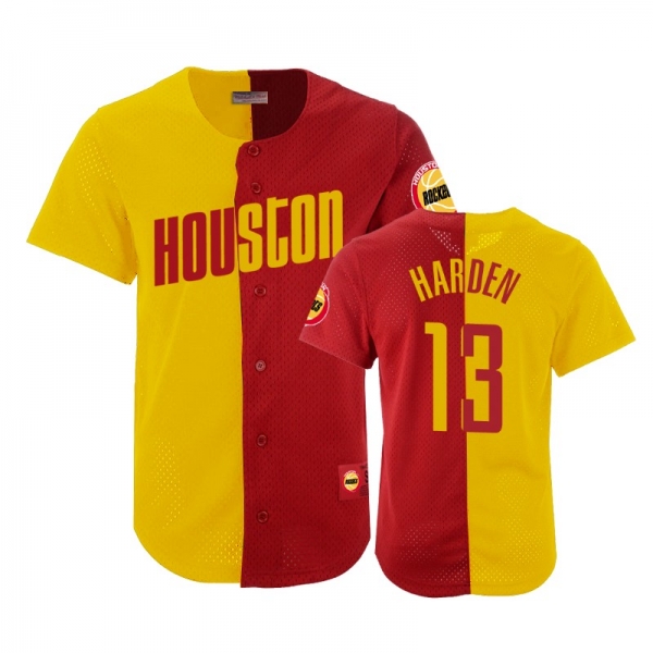 Rockets Male James Harden #13 Split Mesh Button Gold Red Jersey