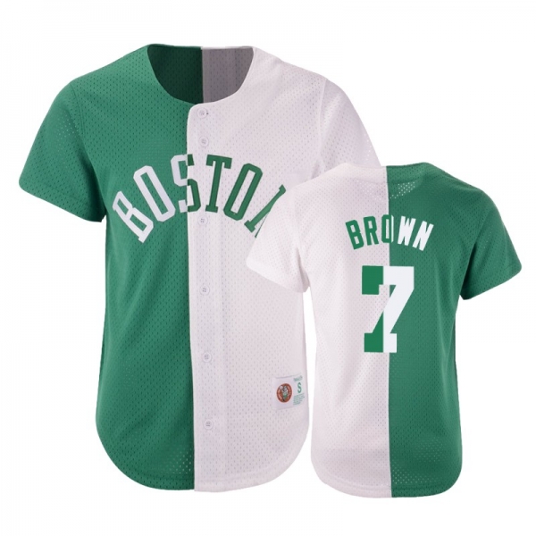 Celtics Male Jaylen Brown #7 Split Mesh Button Green White Jersey