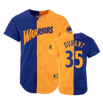 Warriors Men's Kevin Durant #35 Split Mesh Button Royal Gold Jersey