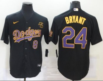 Men's Los Angeles Dodgers #24 Kobe Bryant Black With Purple Name KB Patch Stitched MLB Cool Base Nike Jersey