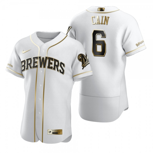 Men's Milwaukee Brewers Lorenzo Cain Nike White Authentic Golden Edition Jersey