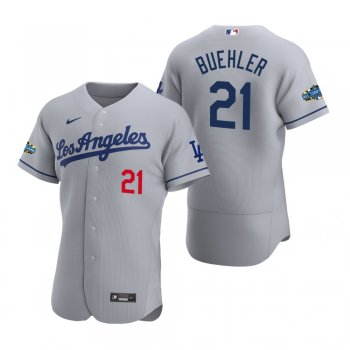 Men's Los Angeles Dodgers Walker Buehler 2020 Road Patch Gray Authentic Jersey