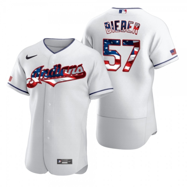 Men's Shane Bieber Cleveland Indians White 2020 Stars & Stripes 4th of July Jersey