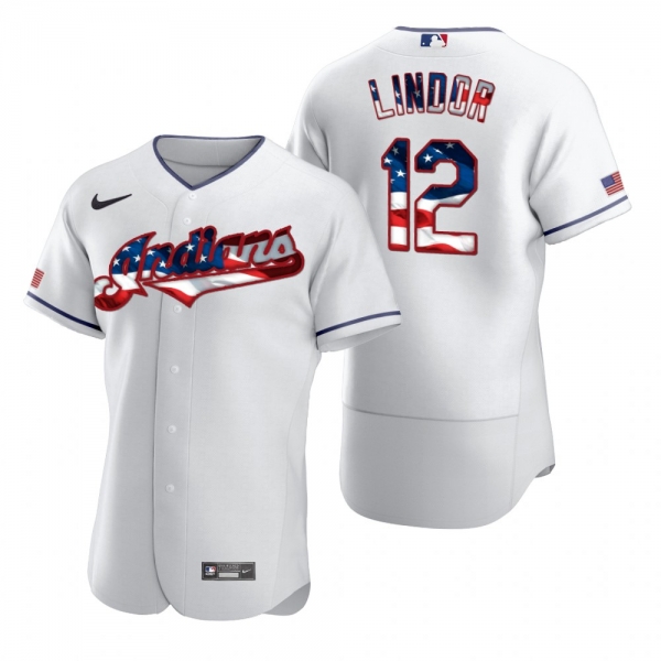 Men's Francisco Lindor Cleveland Indians White 2020 Stars & Stripes 4th of July Jersey