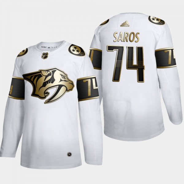 Men's Nashville Predators Juuse Saros #74 NHL Golden Edition White Authentic Jersey