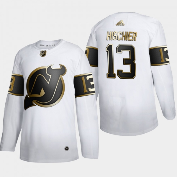 Men's New Jersey Devils Nico Hischier #13 NHL Golden Edition White Authentic Jersey