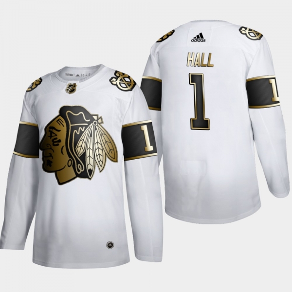 Men's Chicago Blackhawks Glenn Hall #1 NHL Golden Edition White Retired Authentic Jersey