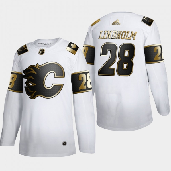 Men's Calgary Flames Elias Lindholm #28 NHL Golden Edition White Authentic Jersey