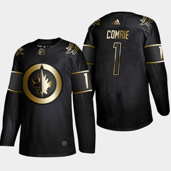 Men's JerseyMen's Winnipeg Jets Eric Comrie #1 NHL Golden Edition Black Authentic Player Jersey